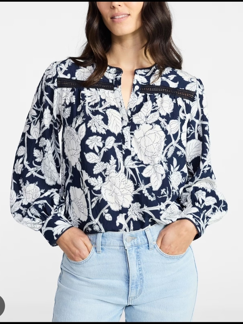 Time and Tru Navy and White Floral Lace-Inset Split-Neck Blouse
